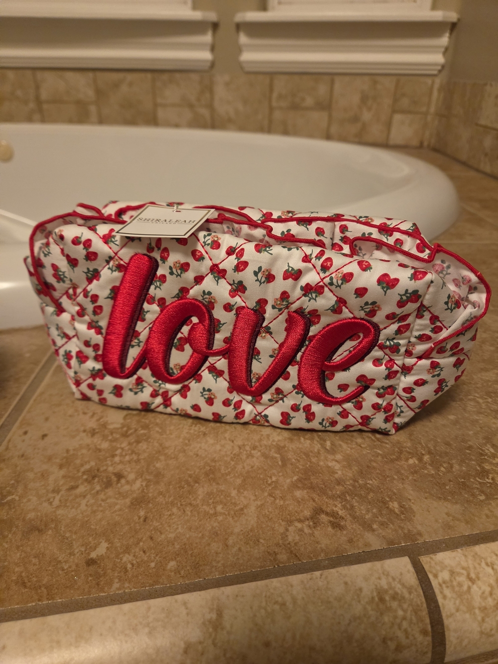 Anthropologie Quilted Cherry Cosmetic Pouch in Red & White